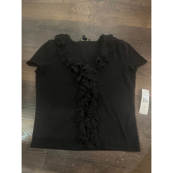 Lauren Ralph Lauren Sweaters - Lauren Ralph Lauren Petite Black Ruffle V-Neck Cotton Knit Sweater Top L-PT NWT